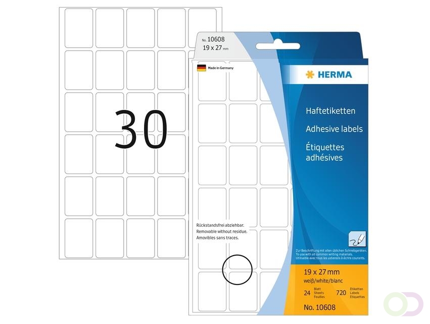 Etiket HERMA 10608 19x27mm verwijderbaar wit 720 etketten