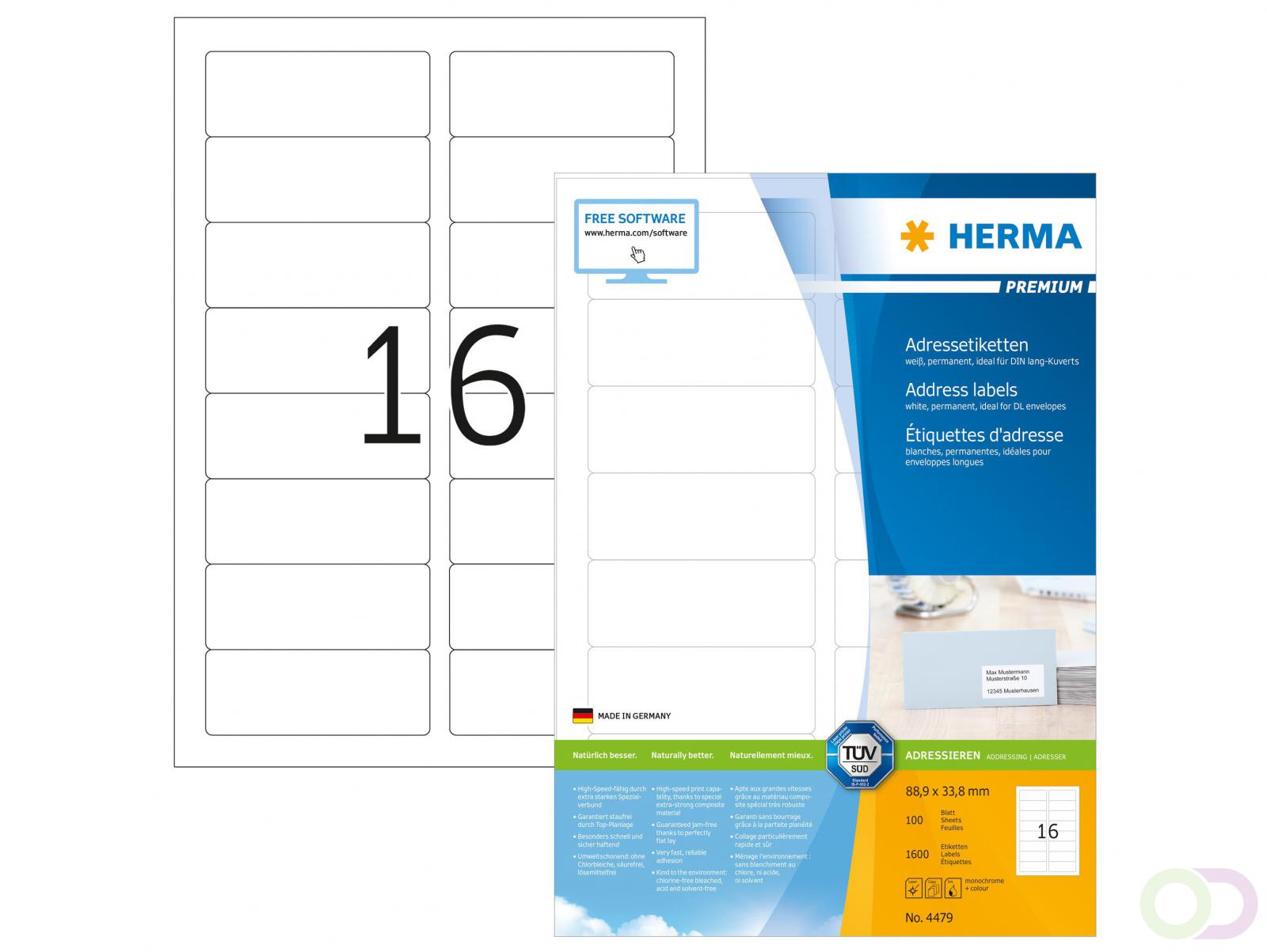PREMIUM adresetiketten, A4, 88,9 x 33,8 mm, wit, permanent hechtend
