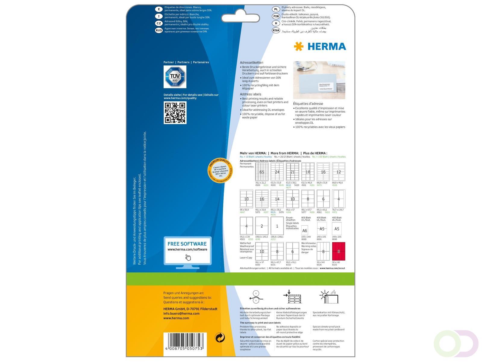 Etiket HERMA 5075 A4 99.1x33.8 mm premium 400stuks wit