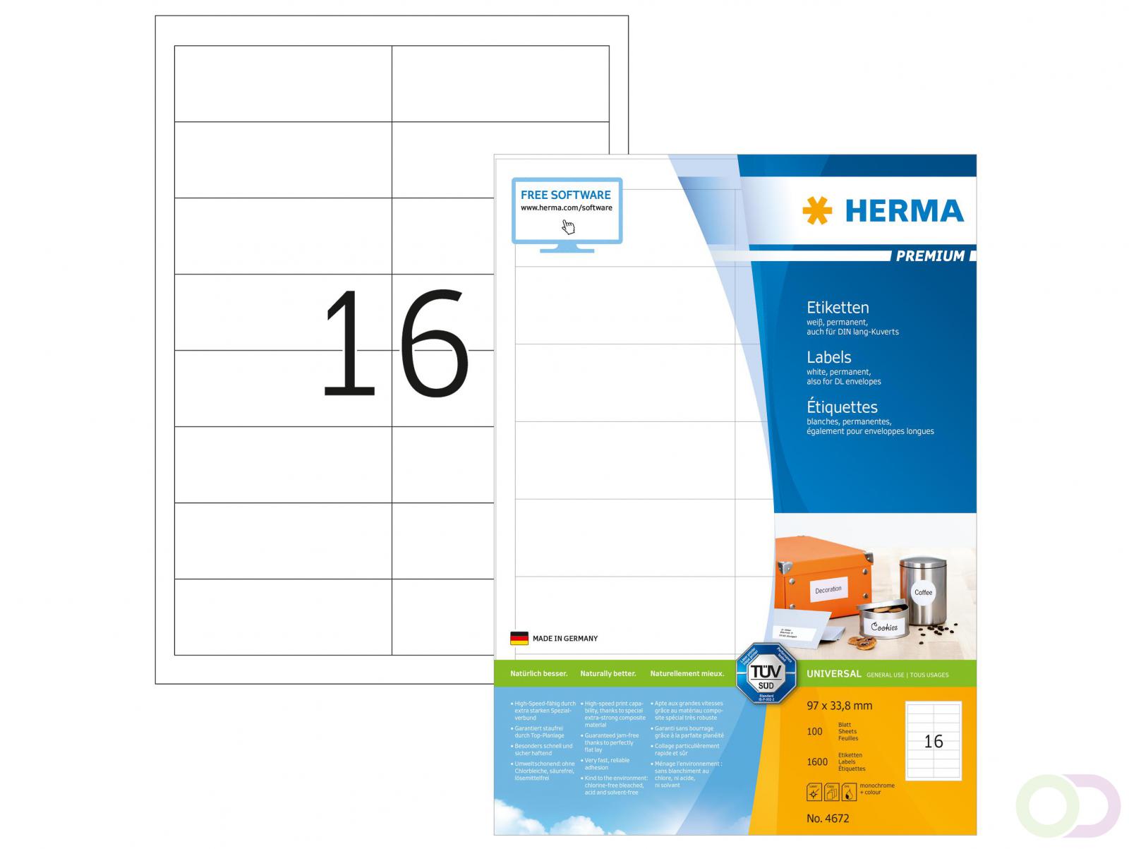 PREMIUM etiketten, A4, 97 x 33,8 mm, wit, permanent hechtend