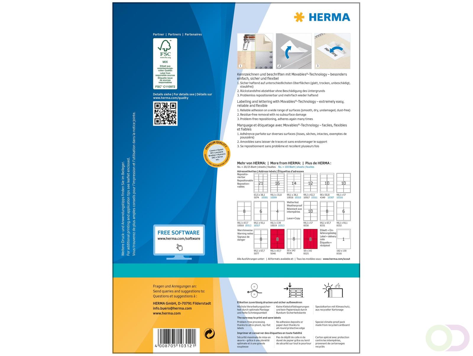 Etiket HERMA 10312 99.1x67.7mm verwijderbaar wit 800 stuks
